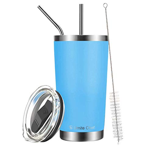 Image of Umite Chef 20oz Tumbler Double Wall Stainless Steel Vacuum Insulated Travel Mug with Lid, Insulated Coffee Cup, 2 Straws, for Home, Outdoor, Office, School, Ice Drink, Hot Beverage (20oz, Blue)