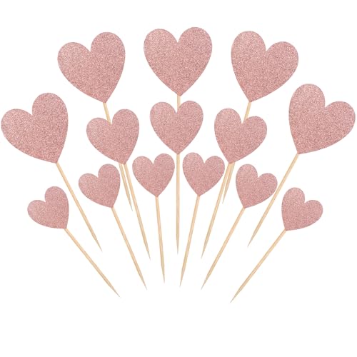 UXYOKM 36Pcs Heart Cupcake Toppers Rose Gold Glitter Sweet Love Cupcake Picks Valentine's Day Wedding Engagement Bridal Shower Birthday Party Cake Decorations Supplies 3 Size