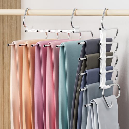 DAMITA Hosenbügel Platzsparend Hosen Weiß Kleiderbügel Kunststoff 2 Stück 5 in 1 Plastik Edelstahl Stabil Faltbare Hosenkleiderbügel Schrank Organizer Schals Jeans Kleidung Für Damen und Herren