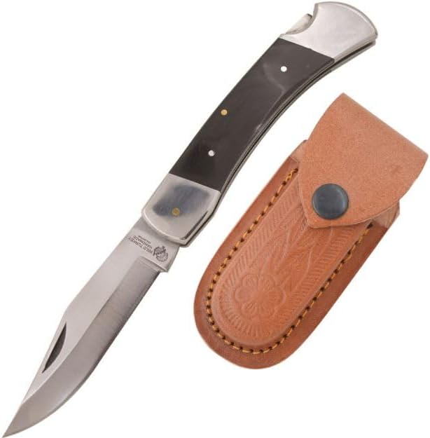 Wild Turkey Handmade Collection Everyday Carry Lock Back Manual Folding Knife w/Leather Sheath - Smooth One Hand Pocket Knife (Black)