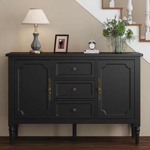 Image of FansaFurn Mid-Century Buffet Cabinet with 2 Doors & 3 Drawers, Accent Sideboard Cabinet with Adjustable Shelves & Turned Legs, Great Storage Cabinet for Living Room, Dining Room, Entryway, Black
