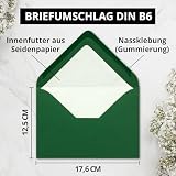 700 kopert w kolorze ciemnozielonym z białą wyściółką wewnętrzną, koperty w formacie DIN B6, 12,5 x 17,6 cm, jedwabna wyściółka, do zaklejania na mokro