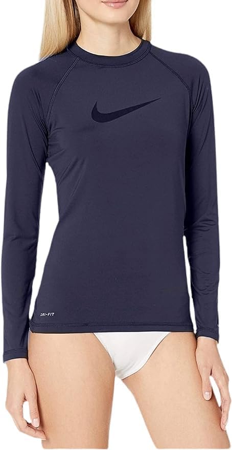 Nike Womens Standard UPF 40+ Long Sleeve Rashguard Swim Tee (as1, Alpha, l, Regular, Regular, Navy Midnight Tonal Swoosh, Large)
