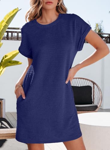 Image of EVALESS Womens Summer Dresses 2026 Fashion Short Sleeve Cute Spring Mini Dress Crewneck Casual Beach Vacation Dresses