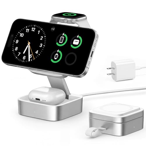 3 in 1 Wireless Charging Station for Apple Devices, Magnetic Foldable Fast Charger Stand Compatible with MagSafe for iPhone 18/Air/17/16/15/14/13/12 Series, Apple Watch & AirPods Pro/4/3/2-White