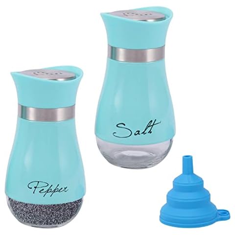 Jiakalamo Salt and Pepper Shakers Set with Foldable Funnel, 2pcs Salt and Pepper Seasoner Bottle Glass Spice Shakers Refillable Salt Dispenser for Home Kitchen Cooking Camping BBQ(Blue) Cover
