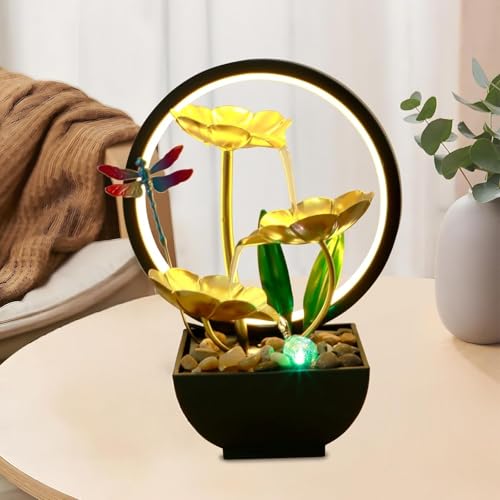 Tabletop Water Fountain,Tabletop Water with Fountain LED Ring Lights Indoor Waterfall Fountain,Indoor Tabletop Humidifier for Home Office Bedroom