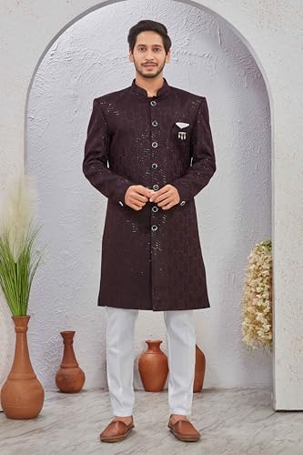 Indian Designer Wedding Festive Wear Men's Jacquard Indo-Western Sherwani Pajama Set2