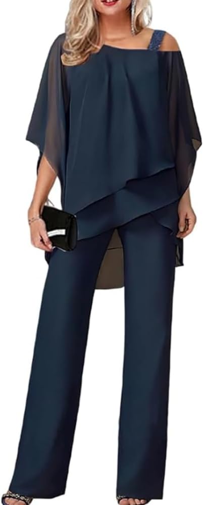 Yeooa Vestidos de Novia Transpirables de Dos Piezas de Primavera y otoño para Mujer Traje de Trabajo para Fiesta de Boda Traje Informal de Gasa Irregular Conjunto de Pantalones Anchos