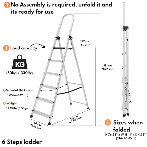 Lightweight Step Ladders 6 Step 71.2'' (181cm) 330.6lbs (150 kg) Max Load - Compact Aluminium Stepladder with Non-Slip Wide Step, Portable Silver Color - Tall Folding Ladder with Platform 3 Lightweight Step Ladders 6 Step 71.2'' (181cm) 330.6lbs (150 kg) Max Load - Compact Aluminium Stepladder with Non-Slip Wide Step, Portable Silver Color - Tall Folding Ladder with Platform - Image 3
