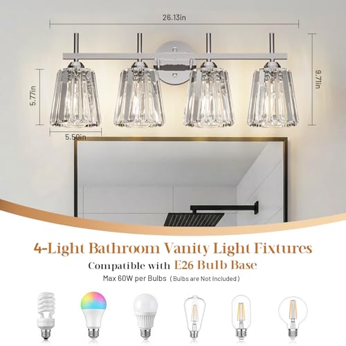 Image of Crystal Bathroom Light Fixtures Over Mirror, Chrome 4-Light Bathroom Vanity Lights Over Mirror Modern Wall Lighting Sconces with Ceramic E26 Base (Bulbs Not Include)