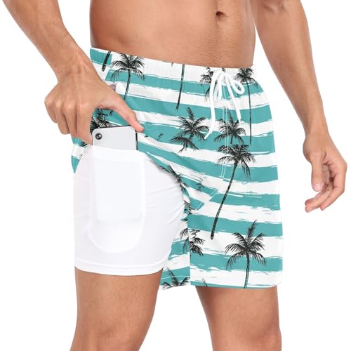 Palm Tree Summer Beach Blue Mens Swimming Shorts Mens Lined Board Swimming Shorts with Liner Quick Dry Elastic S3