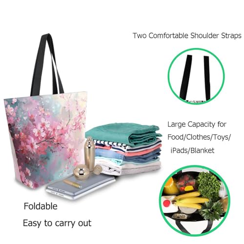 Chic Extra Large Shoulder Grocery Tote Bag, Painting Art Cherry Blossom Flowers Canvas Daily Handle Bag for Gym Yoga Weekender Beach Travel Picnic Kitchen Reusable Market Shopping3