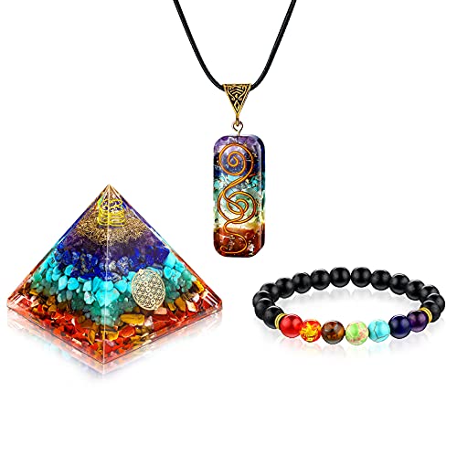 3 Pieces Crystals and Healing Stones Set Chakra Healing Bracelet 7 Chakra Necklace Chakra Orgone Pyramid Lava Rock Chakra Bead Bracelet for Meditation Yoga, Collection, Girlfriend Lady
