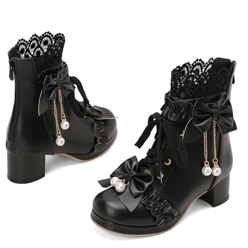 LUXMAX Women Lace Up Ankle Boots with Bow Kawaii Shoes Chunky Mid Heel Japanese Cosplay Shoes Platform Cute Lolita Boots3