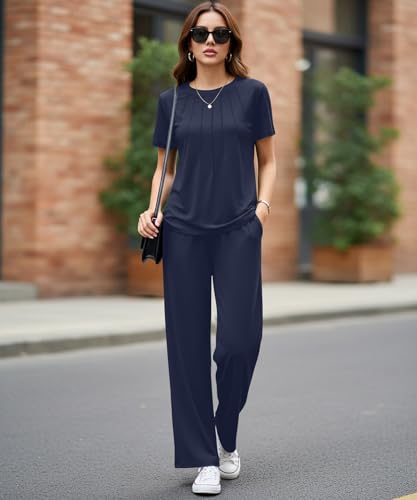 KUOTAI Women's 2 Piece Outfits Pleated Short Sleeve Top Wide Leg Pants with Pockets Casual Matching Outfit, Navy Blue, XX-Large — view 3