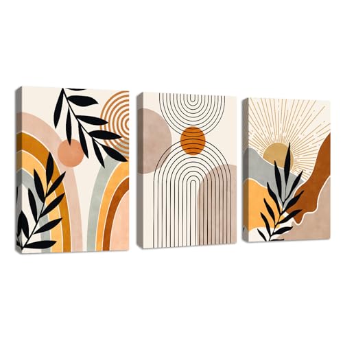 3Pcs Quadri Boho Piante solari dalle linee geometriche Stampa su Tela Con Cornice Quadro Estetica arancione botanica pittura su tela poster da parete Decor Murale Soggiorno Camera da letto 50x70cmx3
