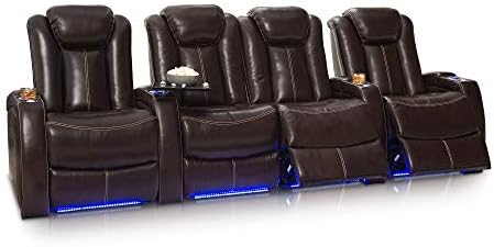 Seatcraft Delta Home Theater Seating Leather Power Recline, Powered Headrests, and Built-in SoundShaker (Row of 4 Center Loveseat, Brown)