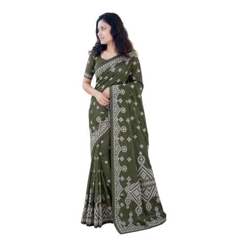 Elegance fashion and style Traditional Gujarati Kantha Stitch Saree for Women Hand Embroidered Blended Bangalo