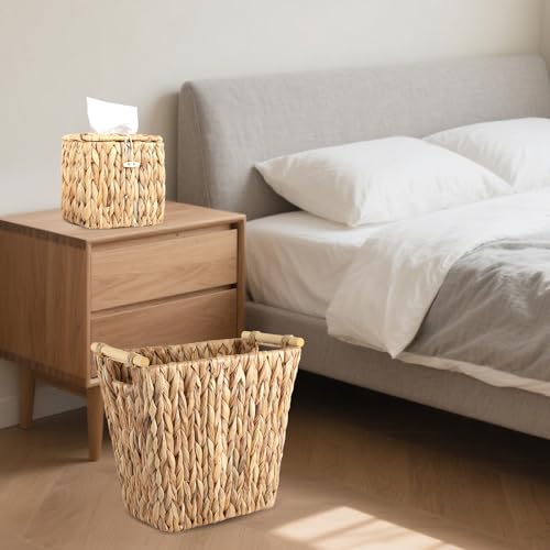 Image of Wicker Trash Can and Square Tissue Box Cover, 3.5 Gallon Water Hyacinth Bathroom Trash Can, Handwoven Napkin Holder, Narrow Small Waste Basket, Rustic Decorative Home Set for Bedroom, Bathroom, Office
