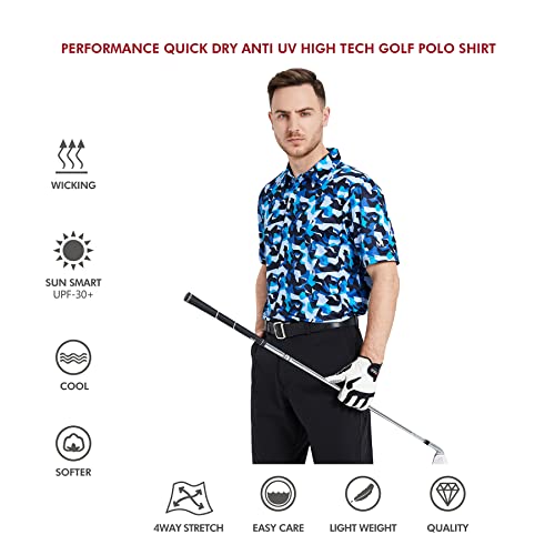 Golf Shirts For Men Dry Fit Short Sleeve Print Performance Moisture Wicking Polo Shirt Blue Camo #TOP4