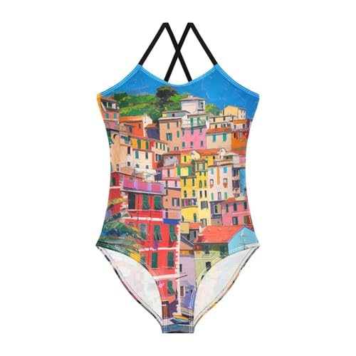 ALAZA Colorful Houses Cinque Terre Italy Girl’s Swimsuits Bathing Suit One Piece Beach Swimwear