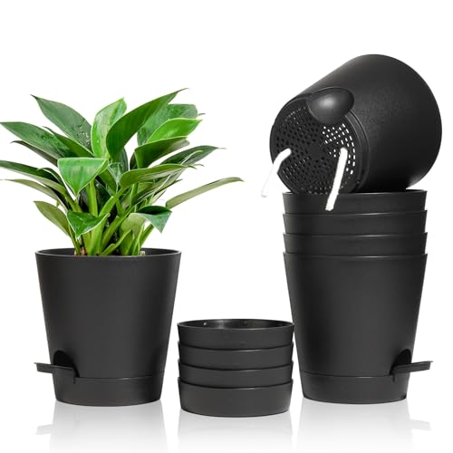 T4U 16,5cm Kunststoff Blumentopf mit Bewässerungssystem, 6er-Set Selbstbewässerung Übertopf mit Untersetzer, Rund Pflanzkübel für Innen und Balkon Garten Pflanzen Sukkulenten Kaktus, Schwarz