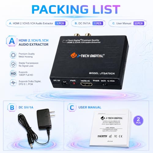 Image of J-Tech Digital HDMI to HDMI ARC Adapter with CEC and Optical TOSLINK Audio Output, 5.1 Channel, Black