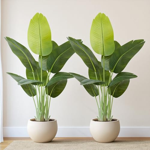 Image of Lifelike Bird of Paradise Artificial Plant,4ft Faux Banana Leaf Tree with 9 Trunks - Perfect Indoor Silk Floor Plant for Home Decor in Living Room, Office, and Bedroom (Set of 2)