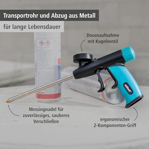 wolfcraft PU Schaumpistole - Dosierpistole für Montageschaum I 4342000 I Baumschaumpistole inkl. Feindüsen und Verlängerung - Abdichten, Dämmen und Kleben
