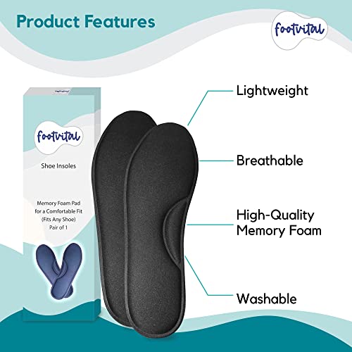 Image of Footvital Memory Foam Shoe Insoles Comfortable Insoles Supports Heel & Arch Absorbs Foot Sweat & Moisture Ultra Soft Cushioned Lightweight Durable Washable Pads for Men & Women Black (1 Pair)(Size-6)