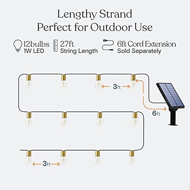 Brightech Glow Solar LED String Lights - Commercial Grade Waterproof Patio Lights with Beautiful Brass Accents - Shatterproof LED Solar Outdoor String Lights - 1W, Soft White Light - 27 Ft