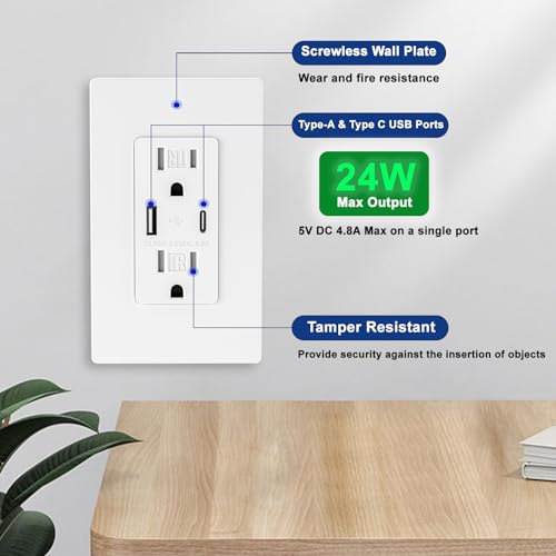 10 x 4.8A/24W USB Sortie, sortie murale avec ports de type C et de type A, 15 Amp Réceptacle Plug, Réceptacle résistant aux tambours, Plaque murale sans vis