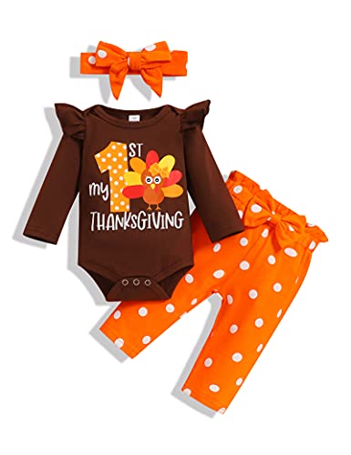 Image of TUEMOS Thanksgiving Outfits Baby Girl My First Thanksgiving Romper+Polka Dot Pant+Headband Baby Girl Thanksgiving Clothes Set