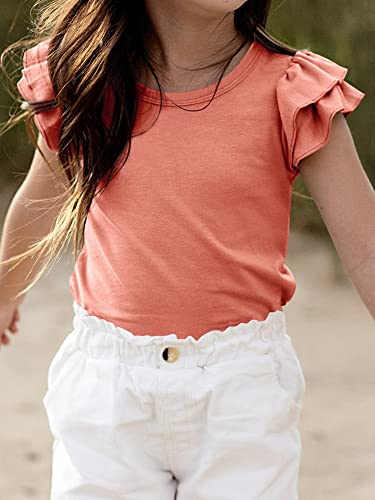 Imily Bela Girls Shirts Cute Summer Tops Trendy Ruffle Sleeve Blouses Crew Neck Tees For 5-14 Years Kids Child Coral Red #TOP2