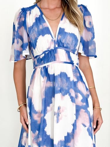 Image of Flessibili Womens Short Sleeve Floral Maxi Dresses 2026 Spring Wedding Guest Party Summer Dress Blue White Large
