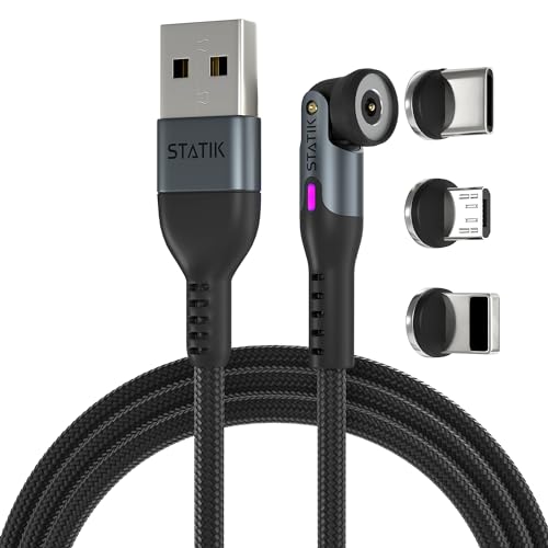 Statik 360 2nd Gen Magnetic Phone Charger | Magnetic USB C Charging Cable | 3-in-1 Magnetic Charger Cable | iProduct, Micro-USB, USB-A & USB C Magnetic Charging Cable | Black, 6FT/2M
