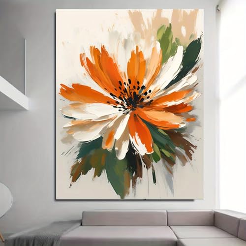 Fleurs orange et blanches tableau abstrait moderne pour salon chaleureux