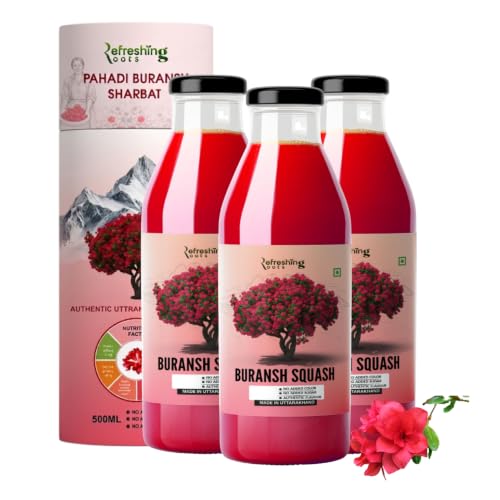 Image of REFRESHING ROOTS Uttarakhand Premium Buransh (Rhododendron) Squash, 1500 ML Glass Bottle | Cold Pressed | Natural Health Drink | Added Honey | No Artificial Flavors | Rich in Antioxidants | Glass Bottle (500 ML * 3)