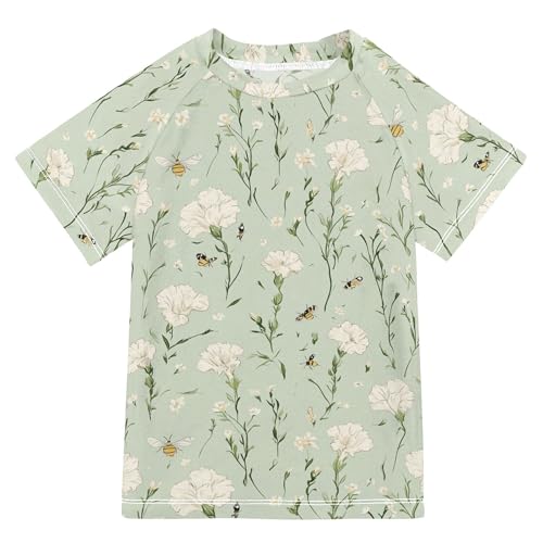 Cartoon Dianthus Sage Green Girls Bathing Suit Short Sleeves Tshirts Swimwear Beach Tops 3T
