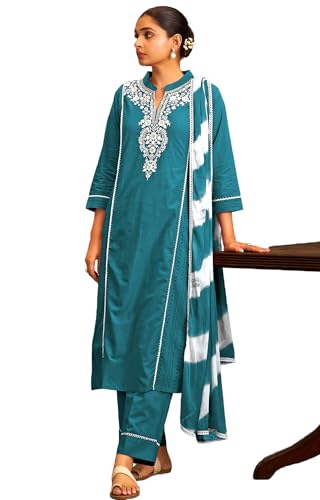 Image of DRESOUL Women Pure Cotton Schiffli Embroidered Kurta Set and Dupatta