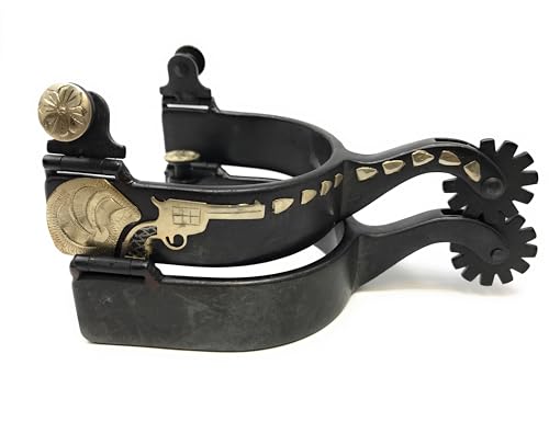 AJ Tack Mens Antique Brown Revolver Spurs, Black Steel Western Riding Spurs with Engraved Silver Overlay, 2 1/4 Shank, 12-Point Blunt Rowels, Mens Size