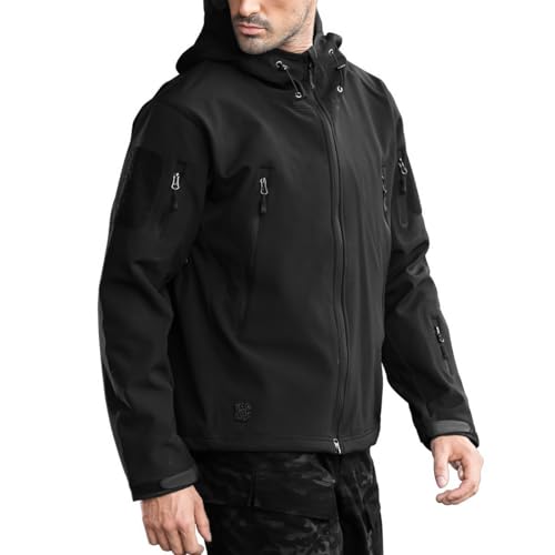 FREE SOLDIER Men's Outdoor Waterproof Soft Shell Hooded Military Tactical Rain Jacket (Black, XL)