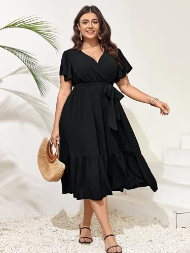 SCOMCHIC Womens Plus Size Wedding Guest Dresses Summer Wrap V Neck Short Sleeve Belted Ruffle Hem A-Line Flowy Maxi Dress3