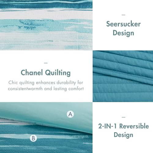 Image of Madison Park Marina Comforter Quilt Combo Set - Modern Luxury Design, All Season Down Alternative Bedding, Matching Shams, Decorative Pillows, King /Cal King(104 inchx92 inch), Aqua 8 Piece