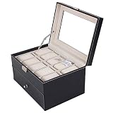 Msuiiixcccc Caja de Almacenamiento Cubierta de Vidrio de Capa 2 Joyería Relojes Joyería Expositor Cajón Cerrado Cuero PU Negro para Guardar Relojes y Joyas (Color : Negro Tamaño: 28x20x16.5cm)