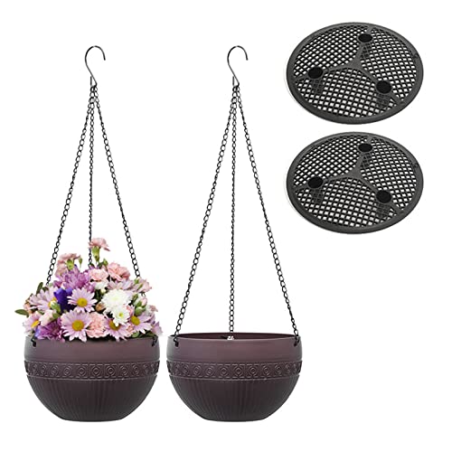 Puupaa 2 PCS Plastic Hanging Basket, Hanging Plant Basket Flower Pots With Drainage, Flower Container Holder With Chain for Indoor Outdoor Garden Plant Decor-Brown||S