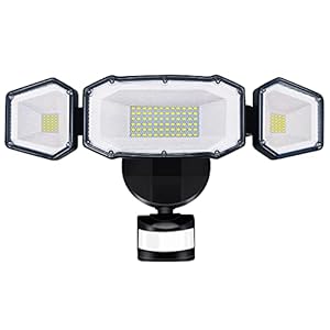 LUOWAN Led-spot met bewegingsmelder, 50 W, 6000 lm, superheldere buitenspot, 5000 K, koudwit, buitenlamp, schijnwerper met 3 koppen, IP65 waterdicht, PIR led-schijnwerper voor tuin, garage, erf of terras