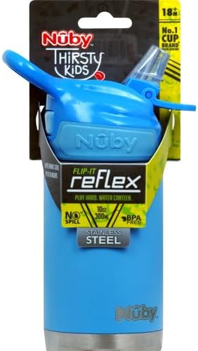 Nuby Thirsty Kids No Spill Flip-It Reflex Stainless Steel Travel Cup or Water Bottle - 10 Oz - 18+ Months - Blue - Back to School Essentials - Image 2