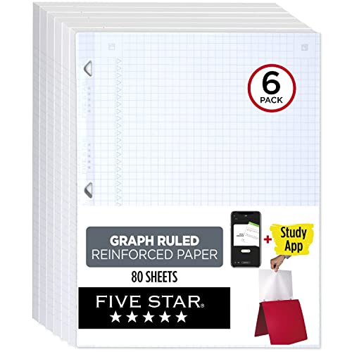 Five Star Papel de folha solta + aplicativo de estudo, pacote com 6, papel para caderno, papel pauta